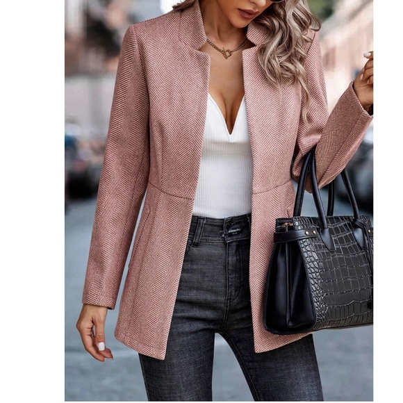 Classic Herringbone Open Front Blazer Jacket Coat - Picture 3 of 14